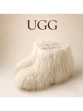 UGG Fluff Momma Mongolian Fur Slippers Ivory Shearling Clog Shoes Women’s 8M